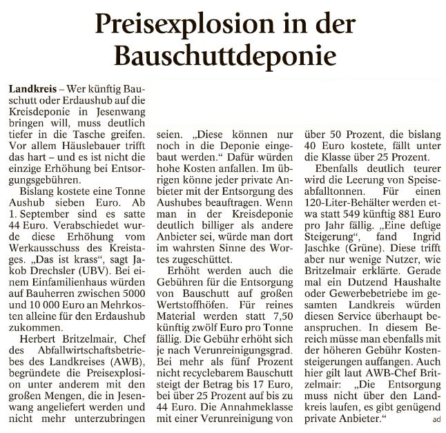 Pressebericht zur Gebührenerhühung Bauschuttdeponie Jesenwang